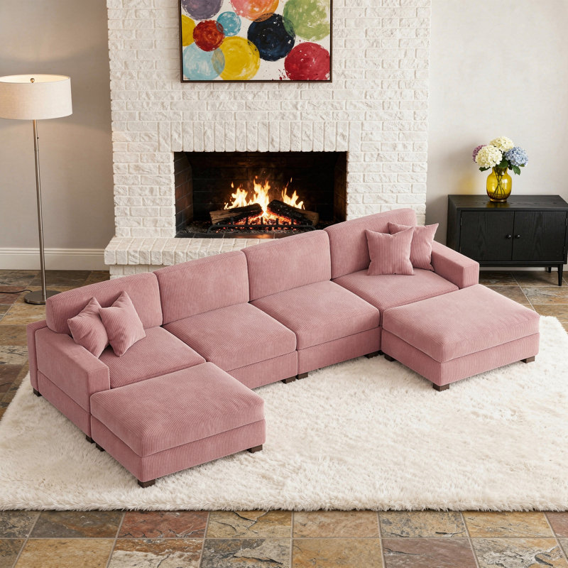 Canapé modulaire en velours côtelé, Velours côtelé rose, 33'' H x 151'' W x 70'' D