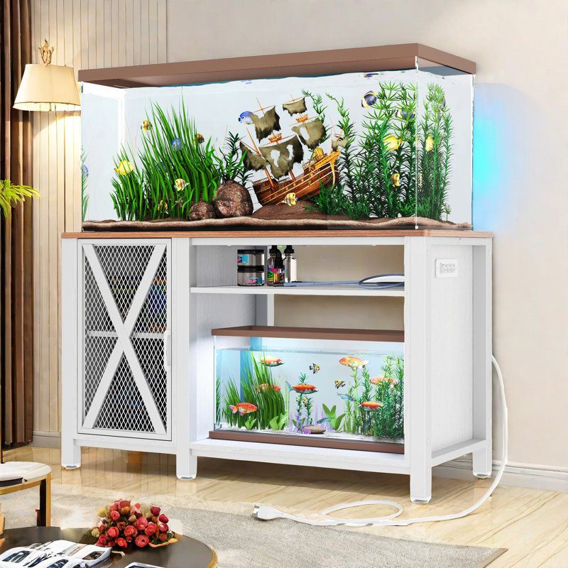 White Metal and Wood Aquarium Stand with Cabinet and Power Outlets