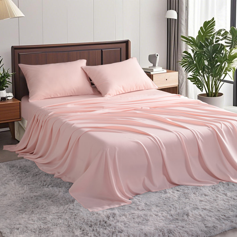 Rayon From Bamboo Fiber Polyester Blend Sheet Set Ultra-Soft Durable All-Season Comfort Bedding, Light Pink