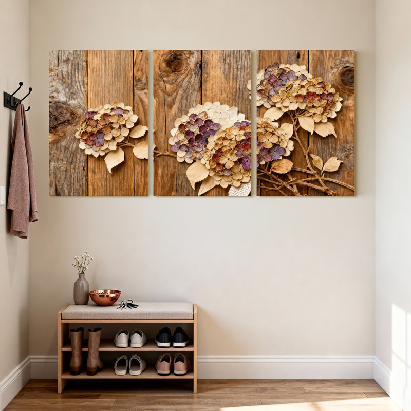 Fleurs d'hortensia séchées sur toile de bois rustique, art mural, impression florale (ensemble de 3), H 30 po x l 60 po