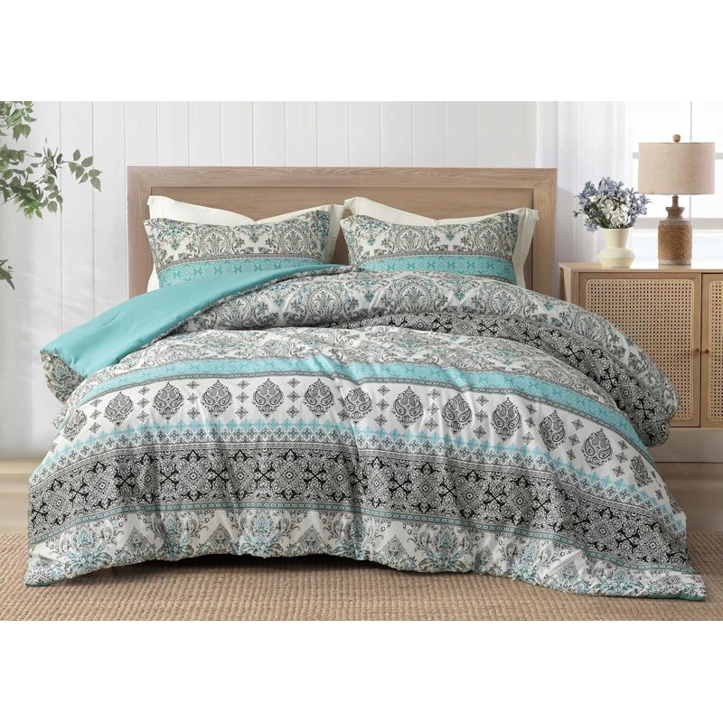 Herald Printed Boho Damask Microfiber Comforter Set, Queen Comforter + 2 Standard Shams, Black/White/Aqua Blue Damask