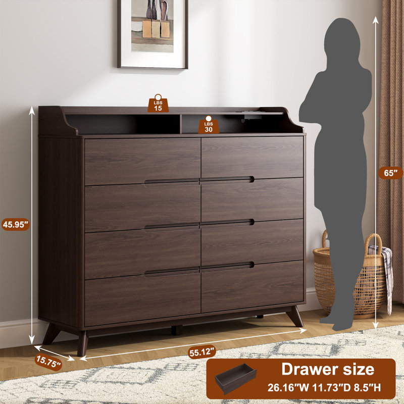 Commode pour chambre à coucher avec 8 tiroirs, grande commode de 55 po et commode avec station de charge, rangement pour vêtements en bois