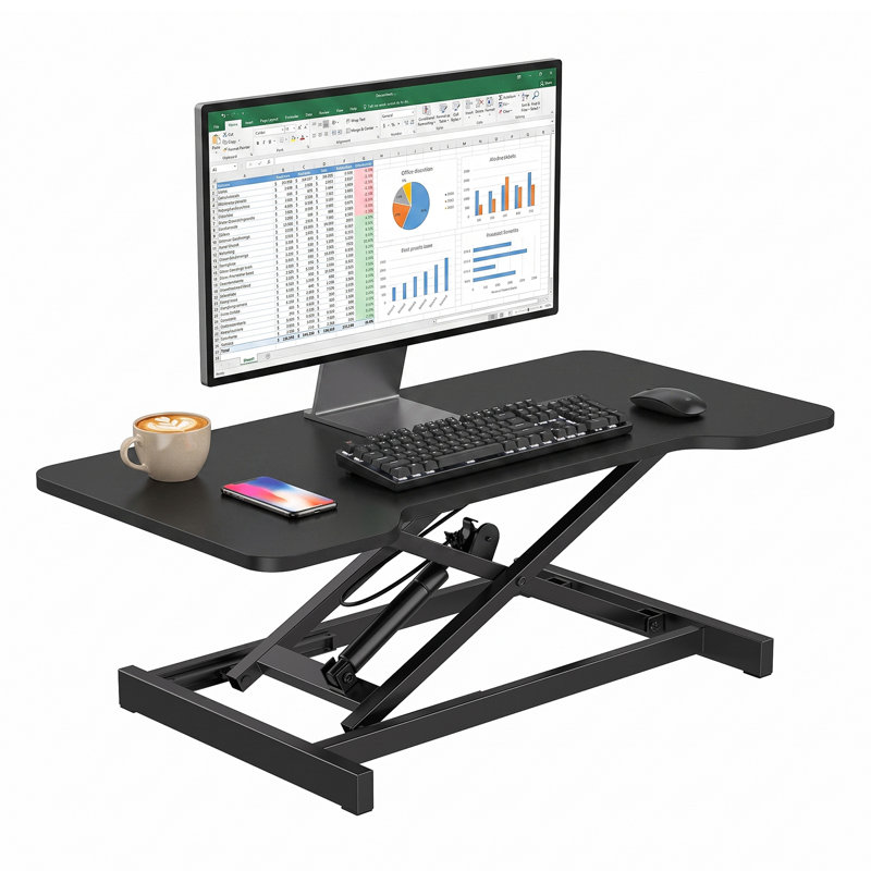Convertisseur de bureau assis-debout, support pneumatique pour ordinateur portable avec clavier et écran unique, idéal pour les postes de travail informatiques avec ordinateur portable et écran unique. Dimensions pour utilisation au bureau.
