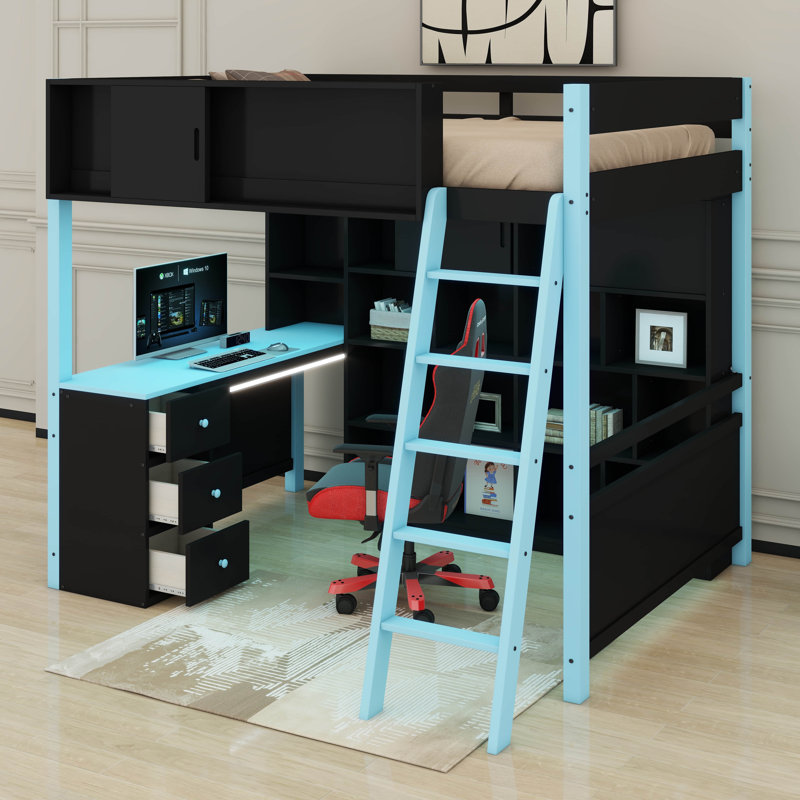 Wood Loft Bed With Desk & Storage, Built-In Bookshelf And LED Lighting For Kids Teens Adults, Blue