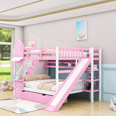 Lit superposé à 2 tiroirs avec escalier de rangement, glissade et tablettes
