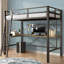 Lit mezzanine simple en métal avec bureau en forme de L, base de lit mezzanine pour station de charge, barrière de sécurité et échelle