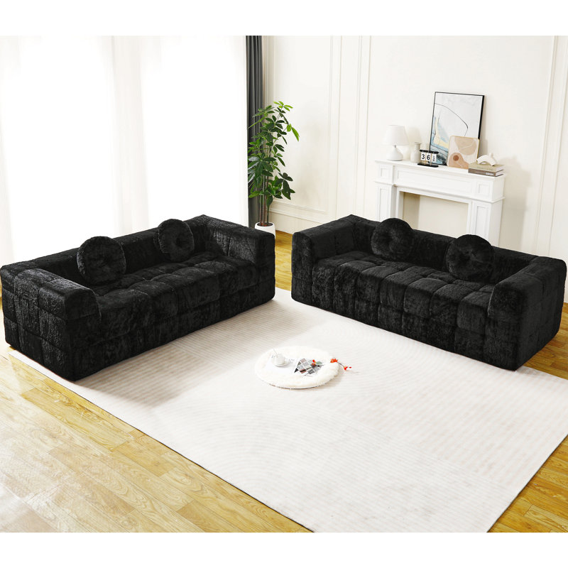 Canapé moderne sans os avec deux coussins décoratifs circulaires, tissu en polyester à poils longs texturé litchi doux pour la peau