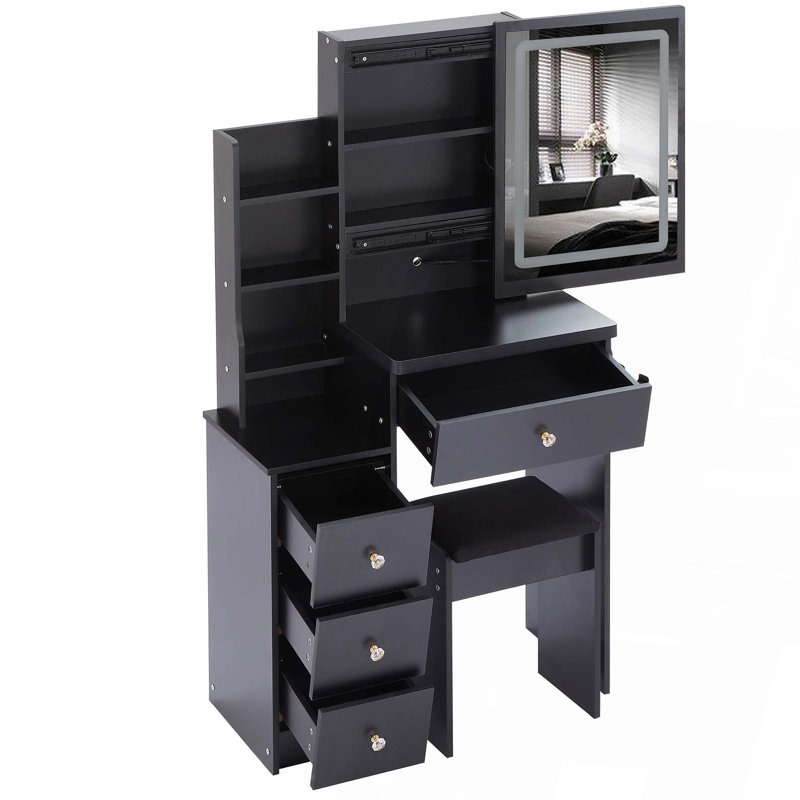 Petit tabouret de chevet de 29,2 po avec table de coiffeuse gauche, 2 blocs d'alimentation AC 2 USB, support pour séchoir à cheveux, très grand miroir à DEL coulissant à contrôle tactile, changement de couleur, réglage de la luminosité
