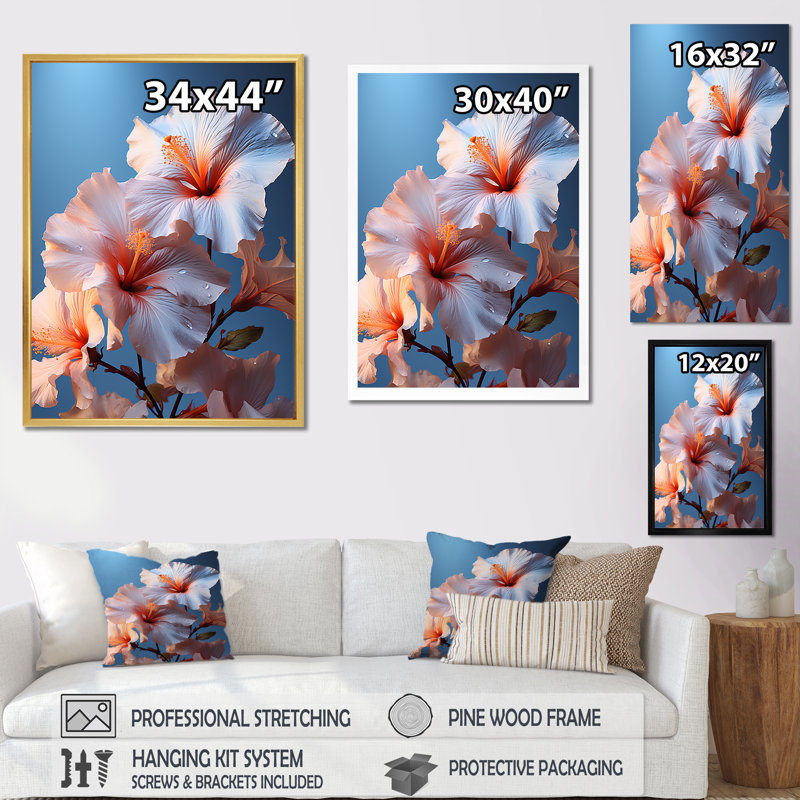 «Colorful Hibiscus Modern Blooming», reproduction sur toile, Cadre simple blanc, H 20 po x l 12 po x P 1 po