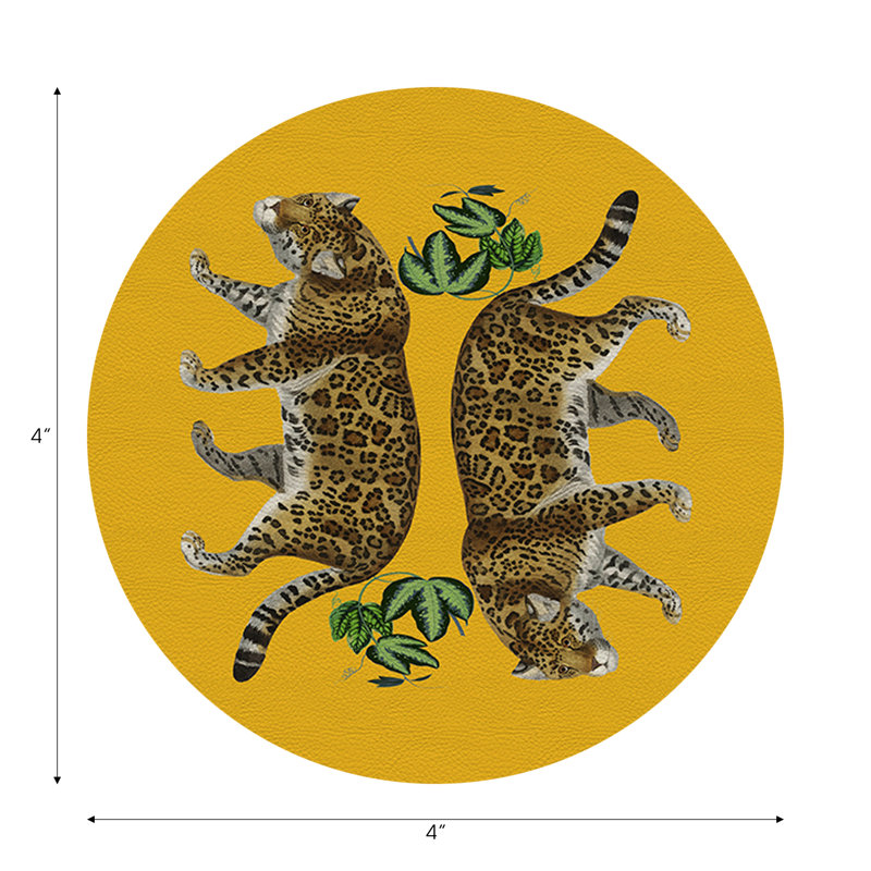 Sous-verres ronds en cuir vegan jaune Leopard, Jaune