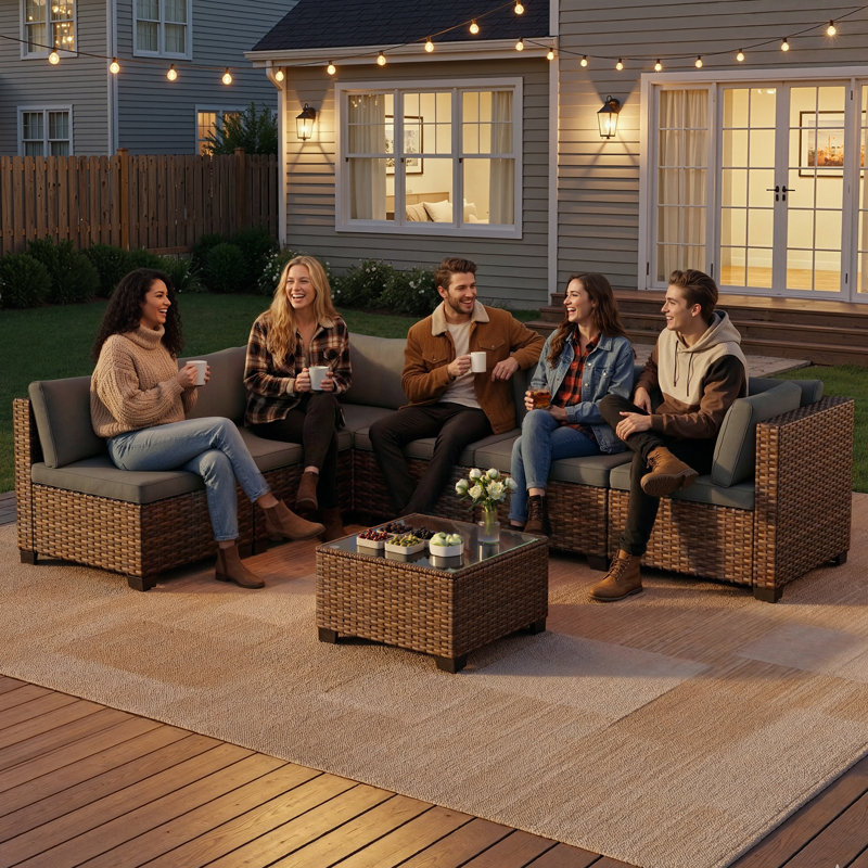 Ensemble de conversation modulaire en osier pour 6 personnes avec coussins, Gris,  7-Piece Set