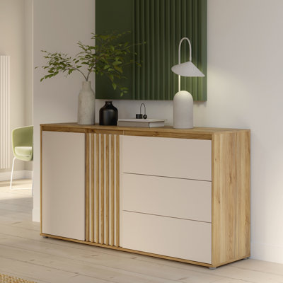 Scandi Style Sideboard with 3 Drawers and 2 Doors, Slatted Details, Living Room, Bedroom, Engineered Wood, Warm Oak Decor/Beige, 159,3 cm W x 84.9 cm H x 41.5 cm D