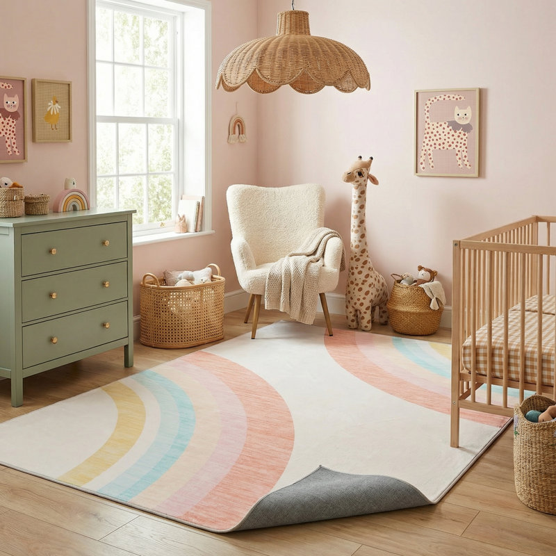Tapis pour enfant arc-en-ciel rose / crème 5 pi x 8 pi (5 pi 3 po x 7 pi 7 po) Marlow