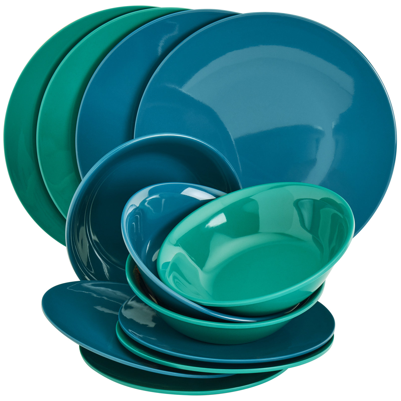 Tabletops Gallery Peacock 12 Piece Melamine Dinnerware Set, Blue/Green