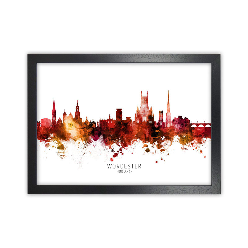 Worcester England Skyline Red City Name by Michael Tompsett - Print, 34cm H x 46cm W x 3cm D, Black Framed