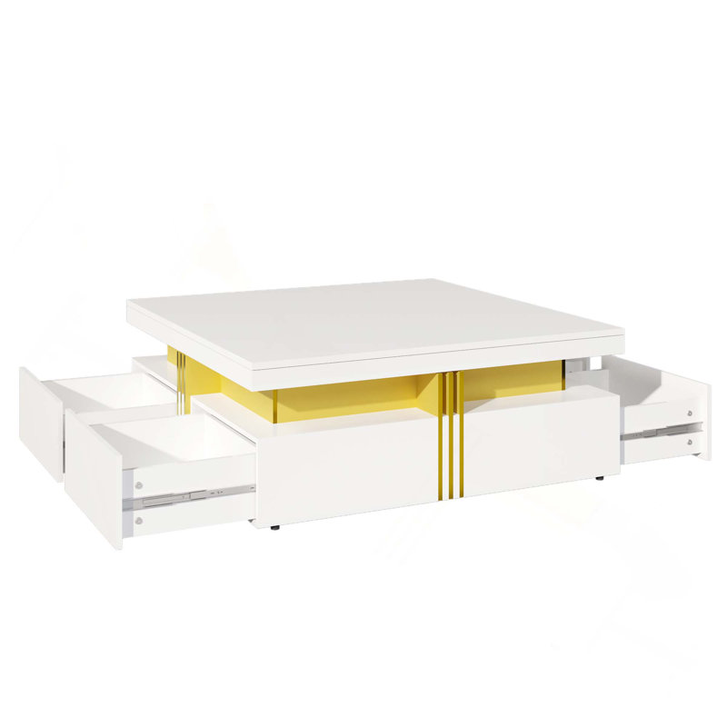 Table basse moderne carrée avec quatre tiroirs pour un rangement généreux et une fabrication durable en bois aggloméré