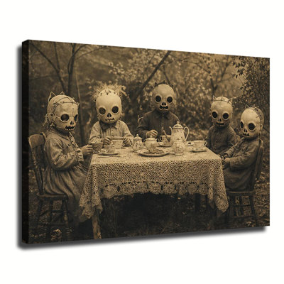 Impression d'art rétro sépia sur toile représentant des enfants prenant le thé dans la forêt avec des masques de crâne, idéale pour une décoration intérieure mystérieuse.