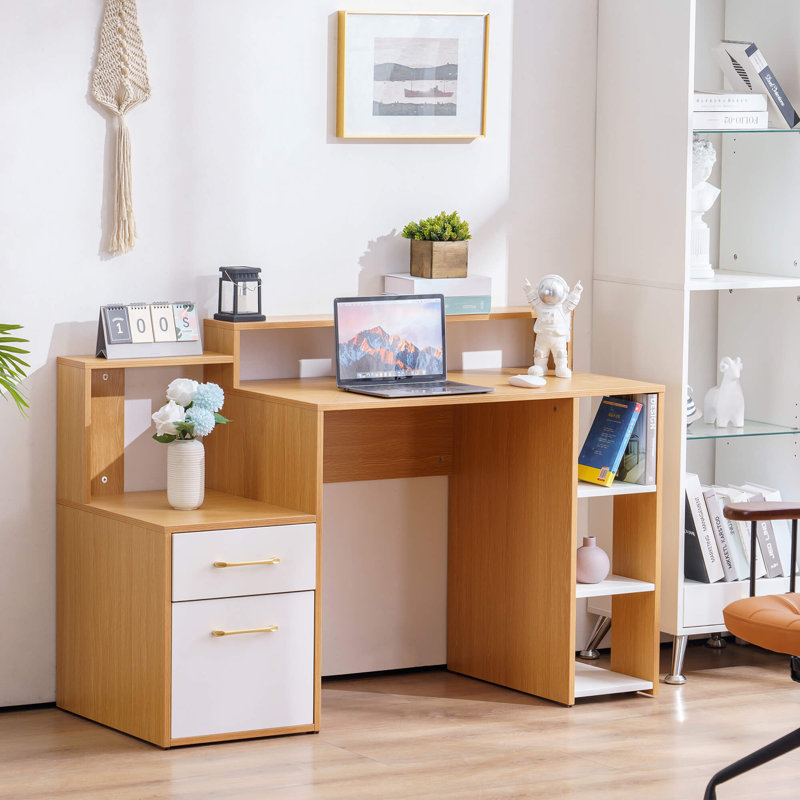 Bureau d'ordinateur moderne avec tiroirs de rangement et tablette, Naturel / Blanc