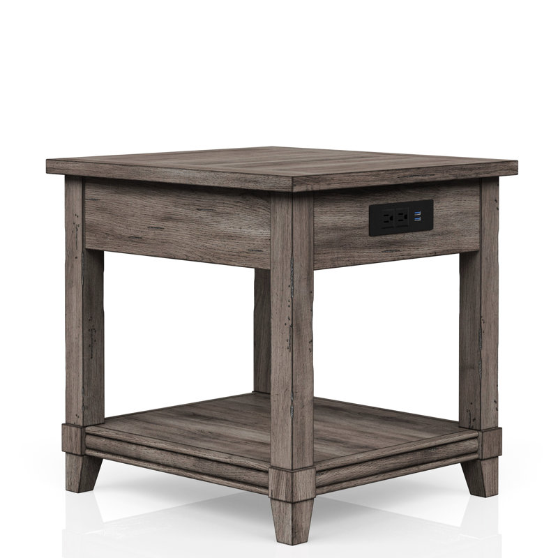 Table de bout grise avec tiroir de charge et de rangement, tablette de charge grise