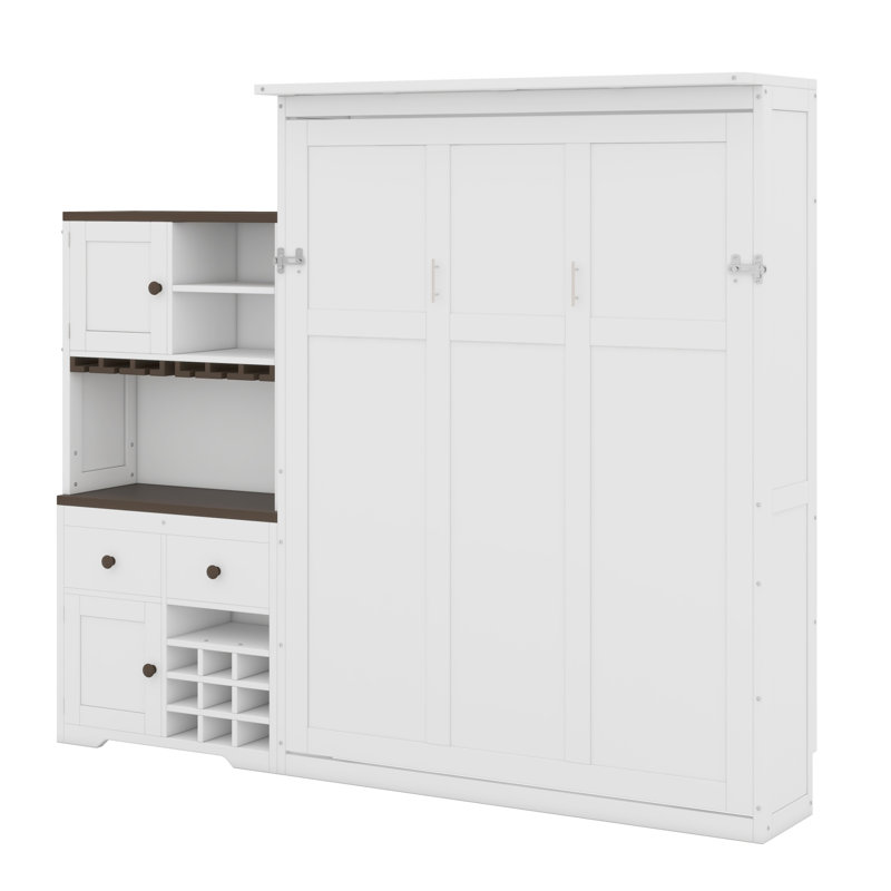 Lit escamotable avec armoire de rangement, support à vin, porte-verre, tiroirs et bande à DEL multicolore, Blanc