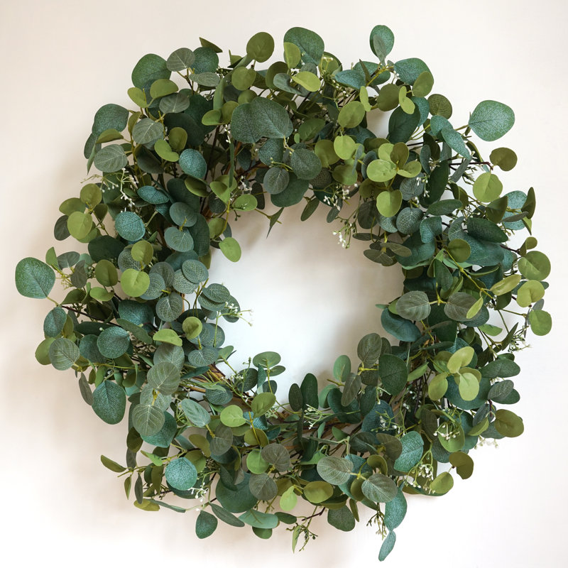 Couronne d'eucalyptus faite à la main de 26 po pour porte d'entrée, couronne de verdure toutes saisons pour décoration murale printemps / été