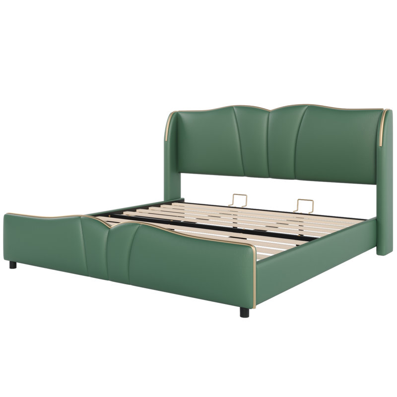 Lit en cuir PU Zavier avec structure en bois massif et métal, Vert foncé, Grand