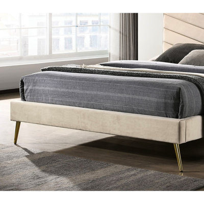 Lit simple Mid-Century moderne beige avec tête de lit rembourrée et pieds dorés