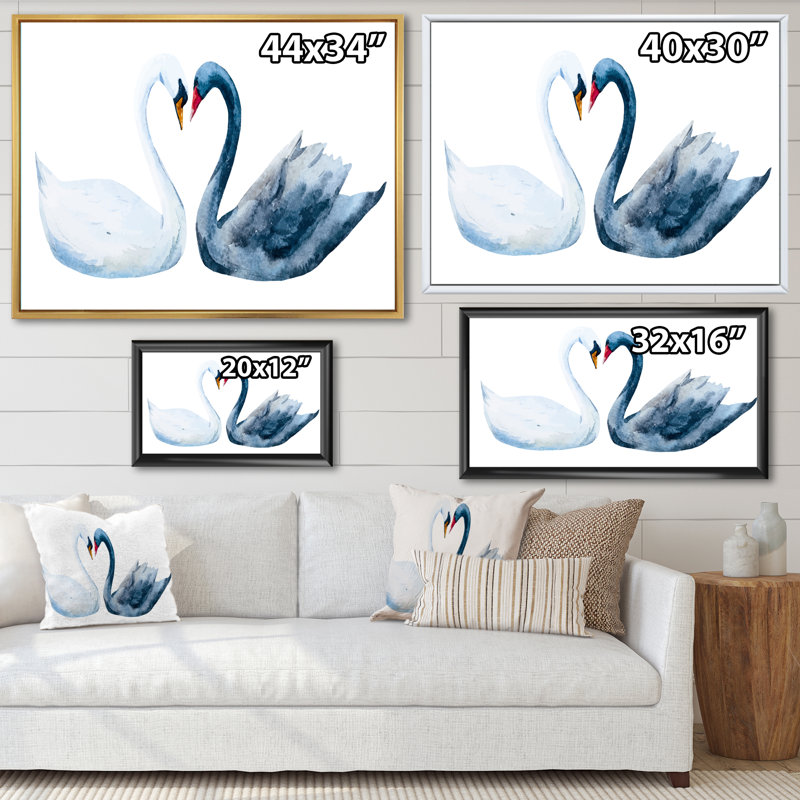 Cygnes en forme de cœur noir et blanc - peinture sur toile, Cadre flottant noir, H 34 po x l 44 po x P 1,5 po