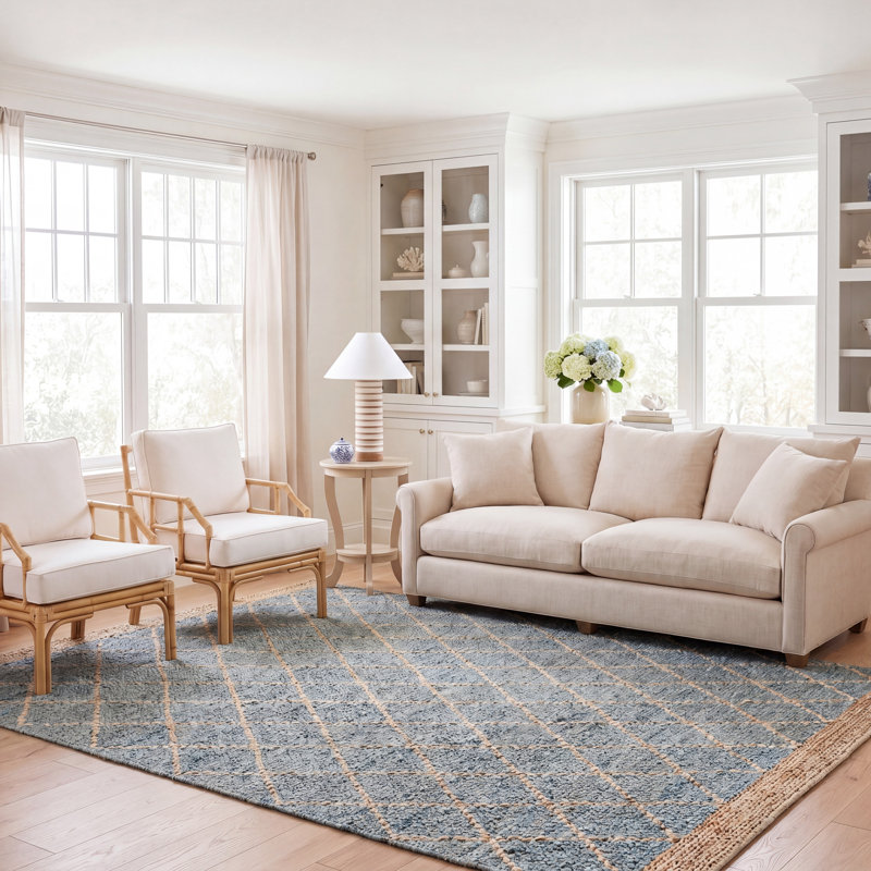 Tapis bleu / brun en jute / coton / laine à tissage plat Keyren, Rectangle 8 po x 10 po