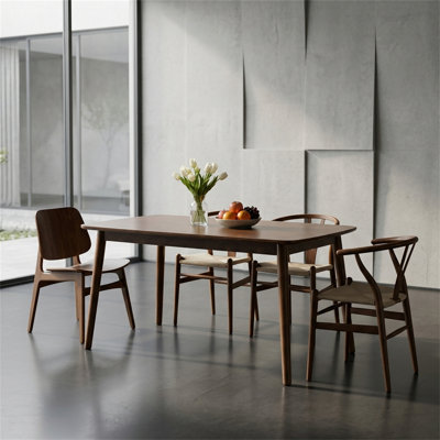 Rectangular dining table, four-legged table with rounded corners, mid-century modern style, solid wood kitchen dining table, Walnut Finish