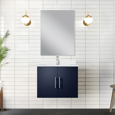 Meuble-lavabo bleu marine 61 cm x 56 cm, comptoir en marbre, miroir de 46 cm et robinet, surface résistante aux égratignures et aux taches.