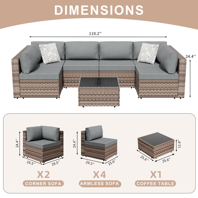 Distefano 7-Piece Outdoor Patio Seating Group with Cushions, Gray/Brown