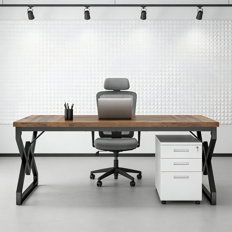 Rectangular Writing Desk With Wood Brown Engineered Wood Top And Black Metal Base For Bedroom Office