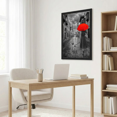 Red Umbrella Woman With Dog Walking On Street Canvas Wrapped Wall Art Black And White With Pop Of Color Artwork For Living Room Bedroom Or Home Decor