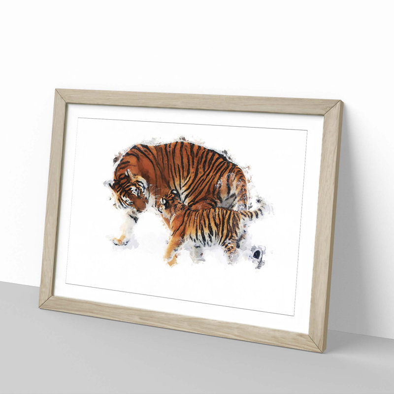 Mother Tiger and Cub in Winter in Abstract - Picture Frame Painting Print, 62cm H x 87cm W x 2cm D, Oak Framed