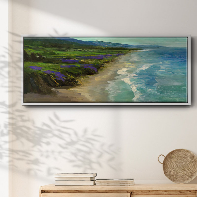 Deca " Montara Beach ", 8" H x 20" W x 1.5" D, White Floater Framed Canvas