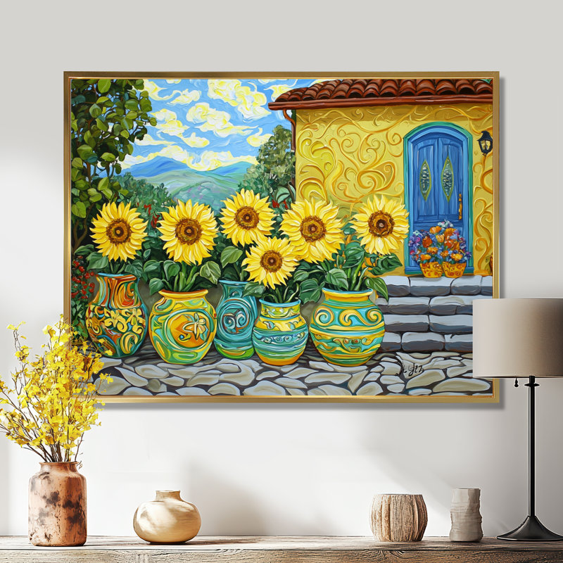 Art mural coloré de poterie colorée inspirée par Vincent I - Tournesols, H 24 po x l 32 po, Reproduction avec cadre flottant