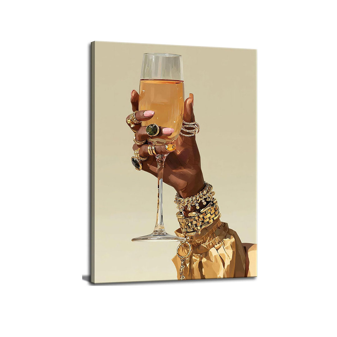 Black Woman Cocktail Canvas Wall Art Fashion Girl Martini Hand Painting Decor Pictures African American Goblet Bar Cart Posters Prints For Apartment D