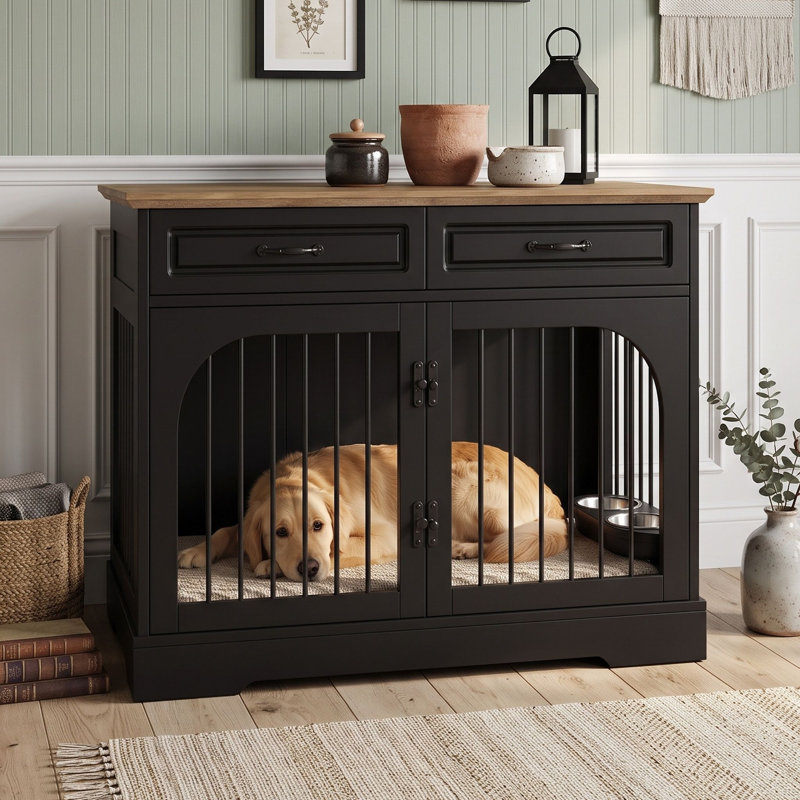 Meuble de rangement pour chien avec 2 tiroirs de rangement, bols rotatifs et barres de sécurité, Noir