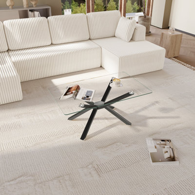 Modern Rectangle Glass Coffee Table With Tempered Glass Top And Metal Legs
