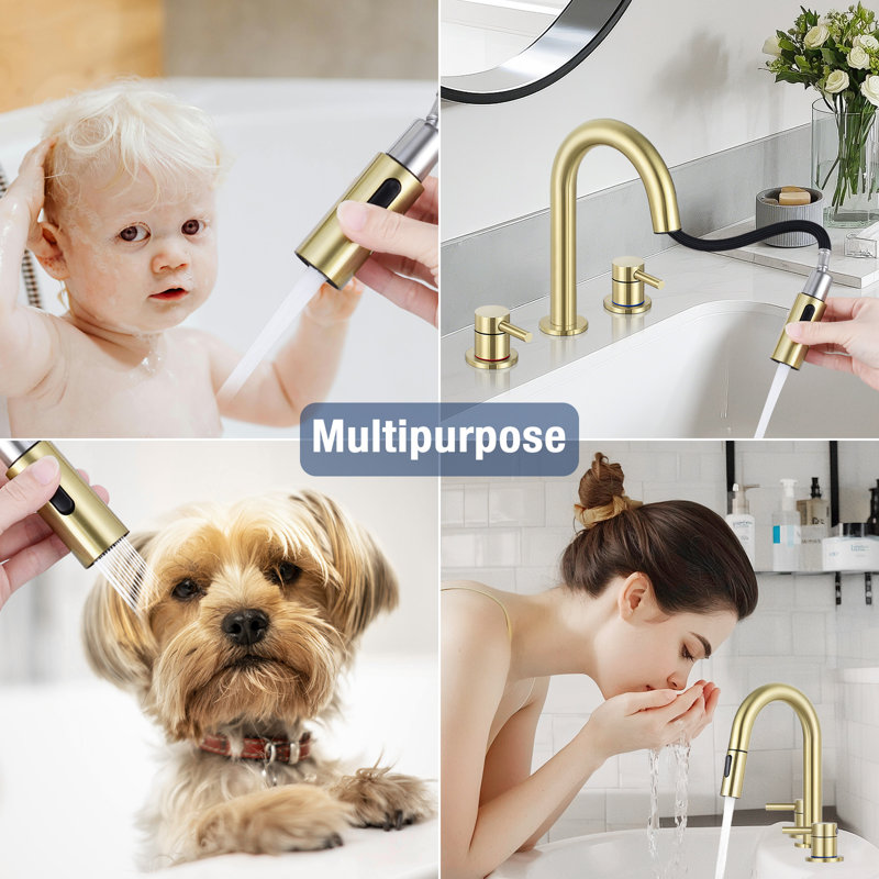 Widespread Bathroom Faucet 3 Hole, 2-handle Bathroom Sink Faucet with Drain Assembly, Brushed Gold