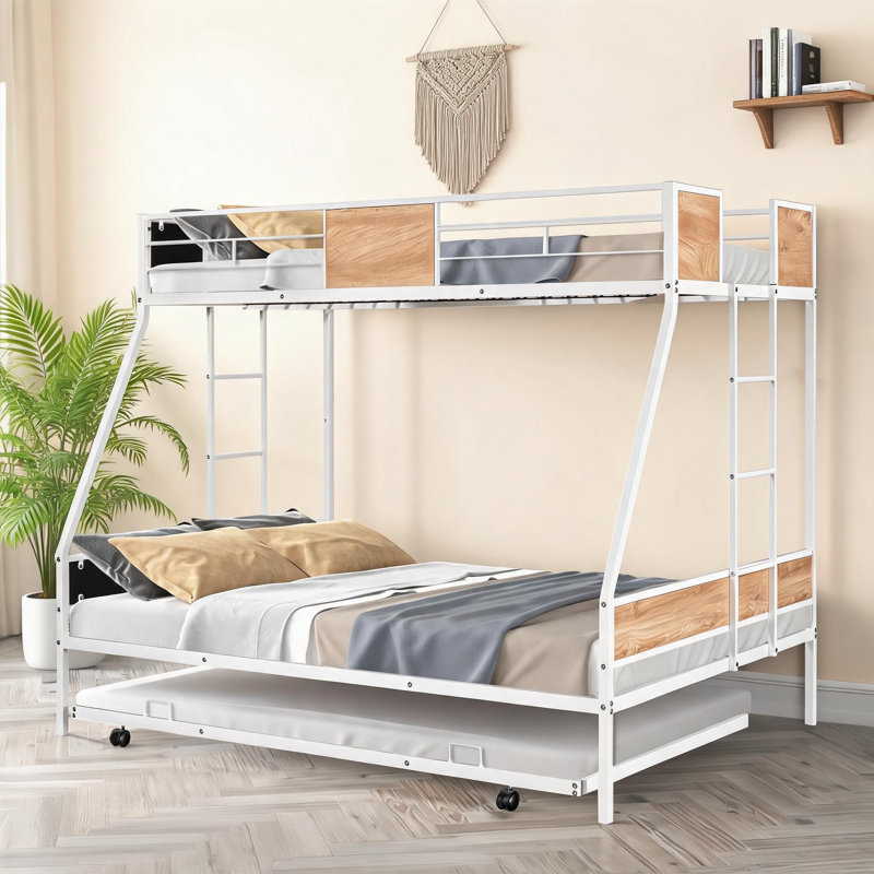 Heavy-Duty Metal Twin Over Full Bunk Platform Bed with Trundle, No Box Spring Required, Classic White