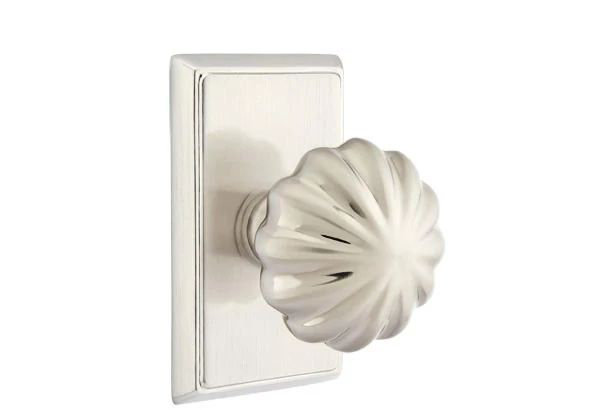 Emtek Passage Interior Mortise Set w/ Rectangular Rosette & Melon Knob (LH), Satin Nickel