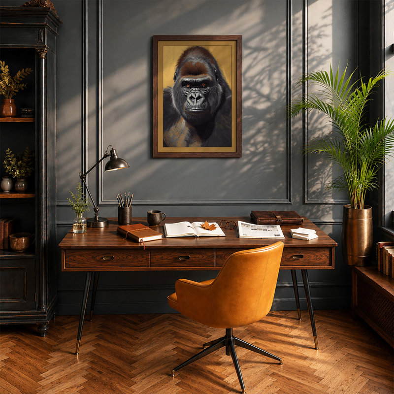 Gorilla Contemplation Modern - Framed Print, Walnut, A3 - 42.0 x 29.7 cm