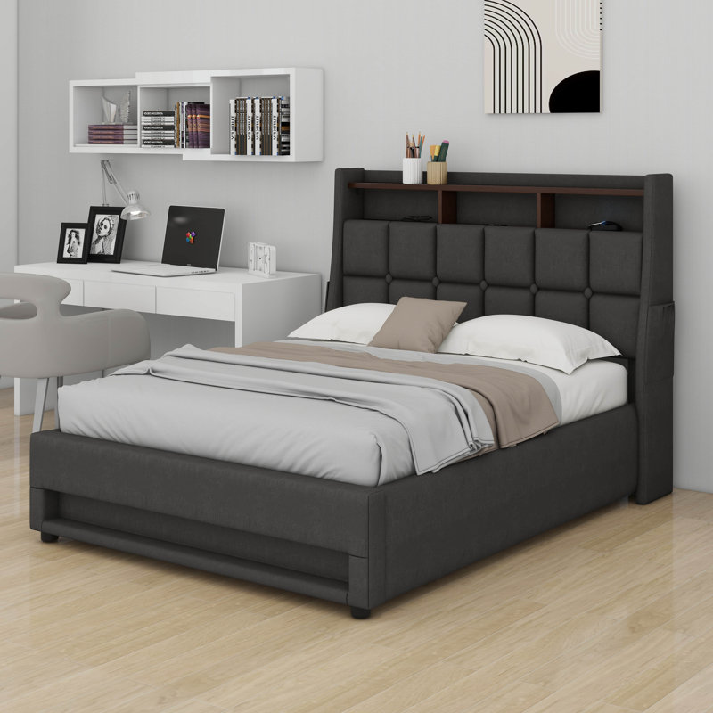 Structure de lit double avec tête de lit et rangement en dessous, cadre de lit plateforme tapissier et lit intelligent avec station de charge, lumières DEL
