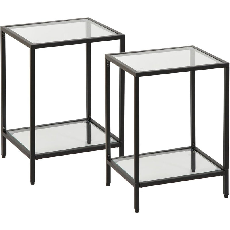 Modern 2-Tier Tempered Glass End Table – Black Metal Side Table For Small Spaces, 2