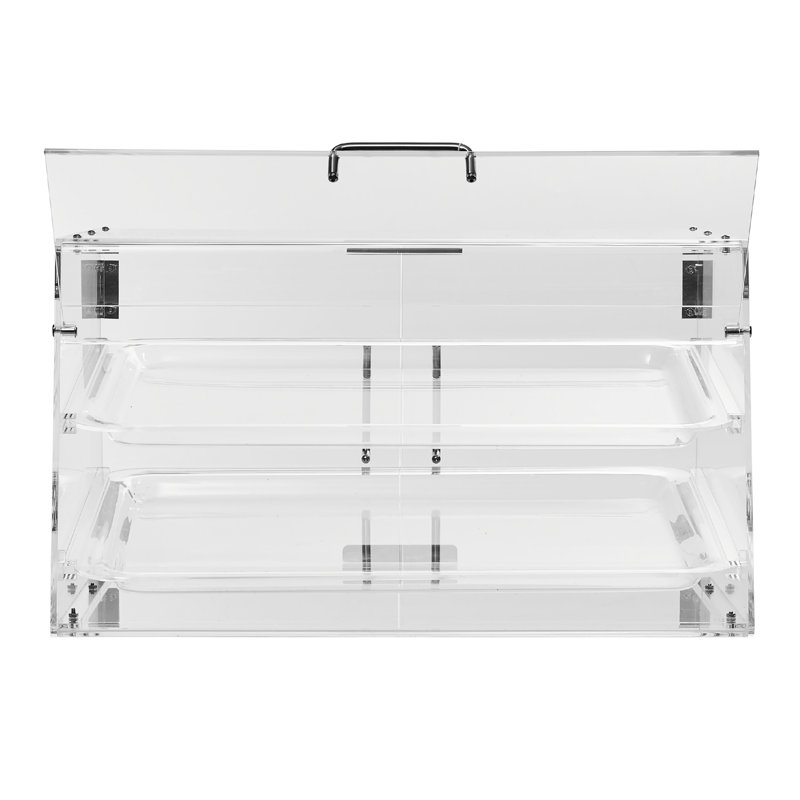 Présentoir à pâtisserie en acrylique transparent à 2 niveaux avec porte arrière et tablettes amovibles, idéal pour exposer des pâtisseries et autres pâtisseries, utilisé dans de multiples espaces de vente au détail