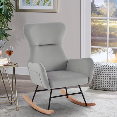 Accent Rocking Chair, Upholstered Glider Rocker For Baby Nursery, Comfy Armchair With Side Pockets, Modern Lounge Arm Chair For Living Room, Bedroom -  Beeleohome, W58872239-Velvet Grey