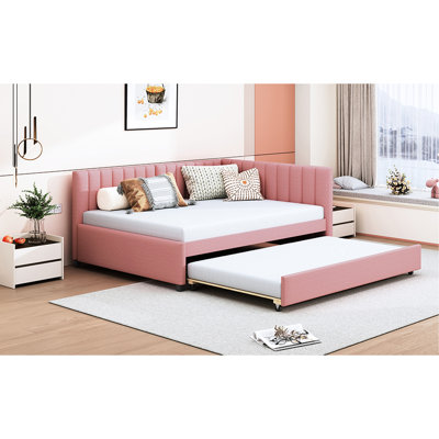 Lit de jour rembourré avec lit gigogne - Lit en lin rose, sans sommier pour une chambre à coucher contemporaine
