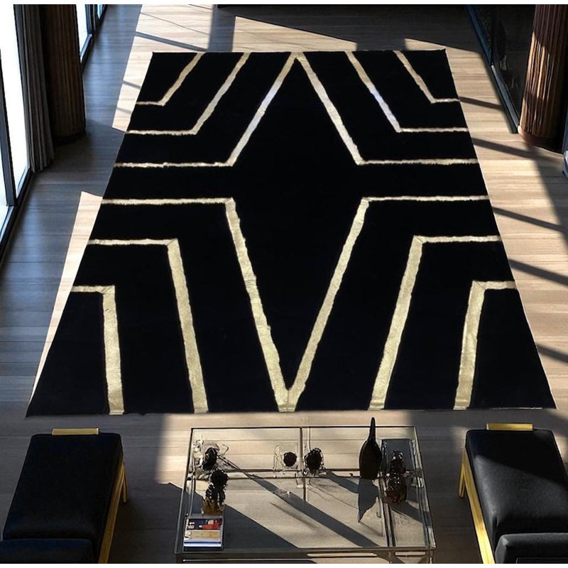 Tapis noir fait à la main en fausse fourrure avec des lignes géométriques dorées pour le salon, la chambre à coucher, plusieurs tailles